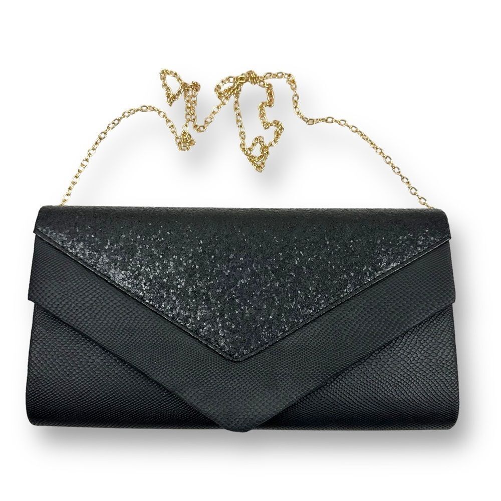 Faux Snakeskin Leather Evening‎ Bag Black Glitter Accent Gold Chain Glam Clutch